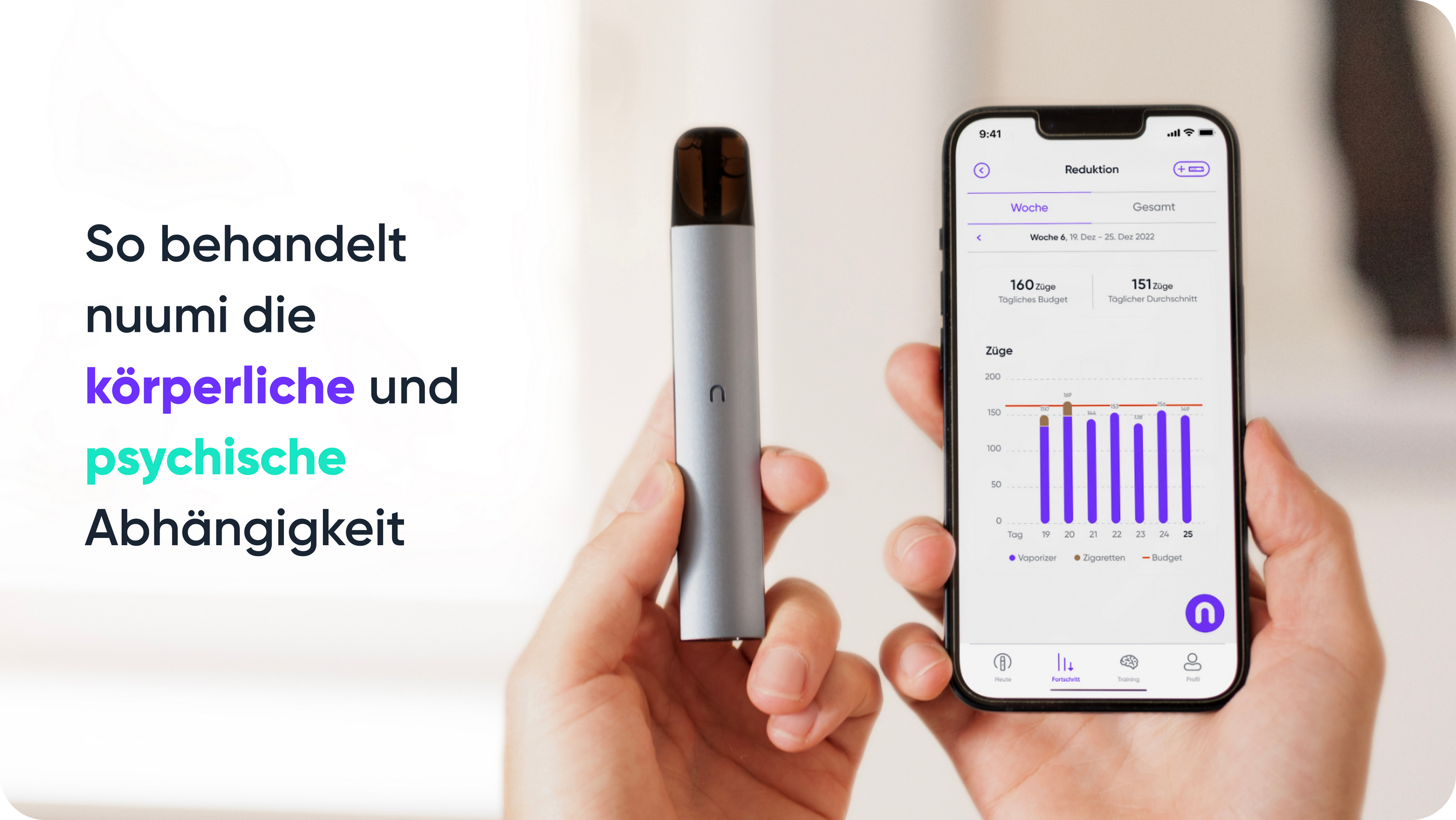 nuumi Programm mit Vaporizer und App behandelt körperliche und psychische Abhängigkeit von Zigaretten